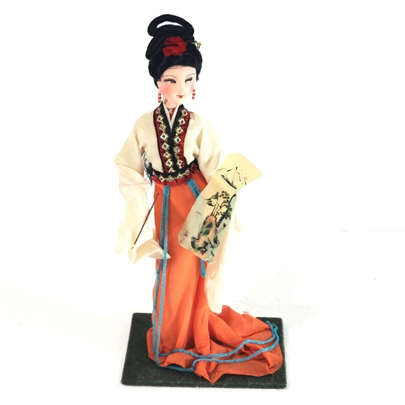 Vintage Japanese Geisha Oriental Doll On Stand Traditional Dress Holding Scroll - Picture 1 of 12